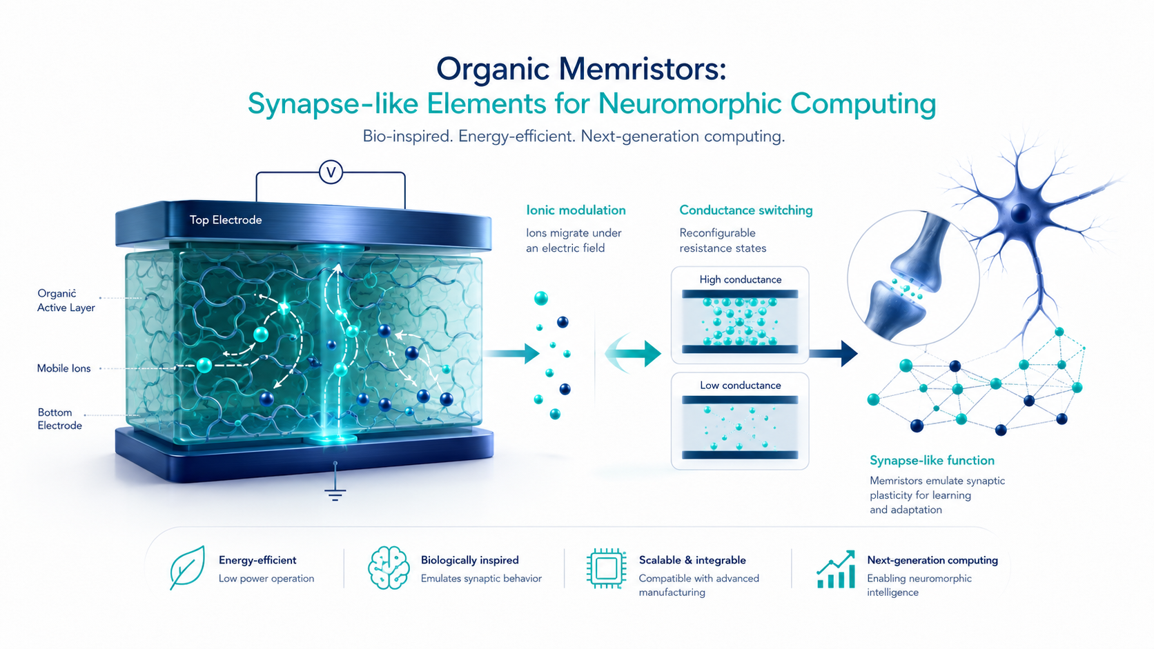 Scientific illustration of organic memristive devices as synapse-like elements for neuromorphic computing